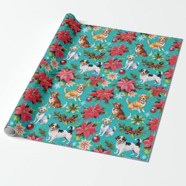 Holiday Christmas Dogs And Poinsettias Wrapping Paper (Unrolled)