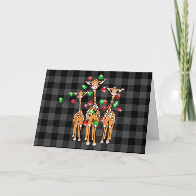 Holiday Christmas Giraffes, wreath, grey plaid Card (Front)