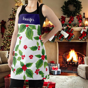 Holiday Christmas holly berries monogram name Apron