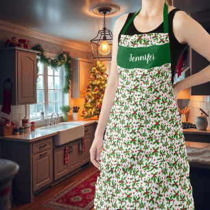 Holiday Christmas holly berries monogram name Apron