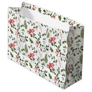 Holiday Christmas Holly Leaves Berry Pattern Large Gift Bag
