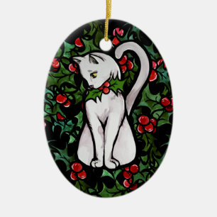 Holiday Christmas Holly White Cat Ceramic Tree Decoration