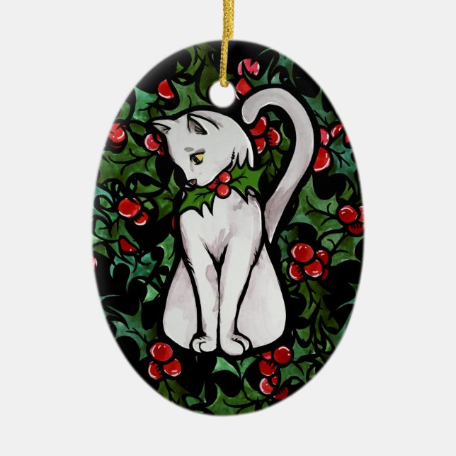 Holiday Christmas Holly White Cat Ceramic Tree Decoration (Front)