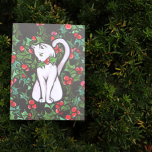 Holiday Christmas Holly White Cat Postcard