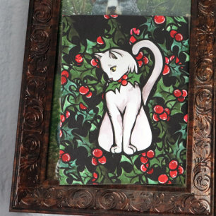 Holiday Christmas Holly White Cat Postcard