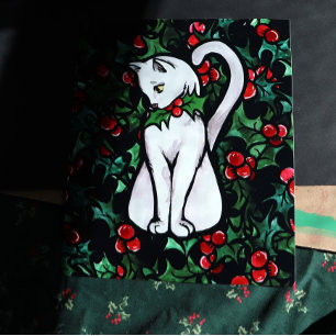 Holiday Christmas Holly White Cat Poster