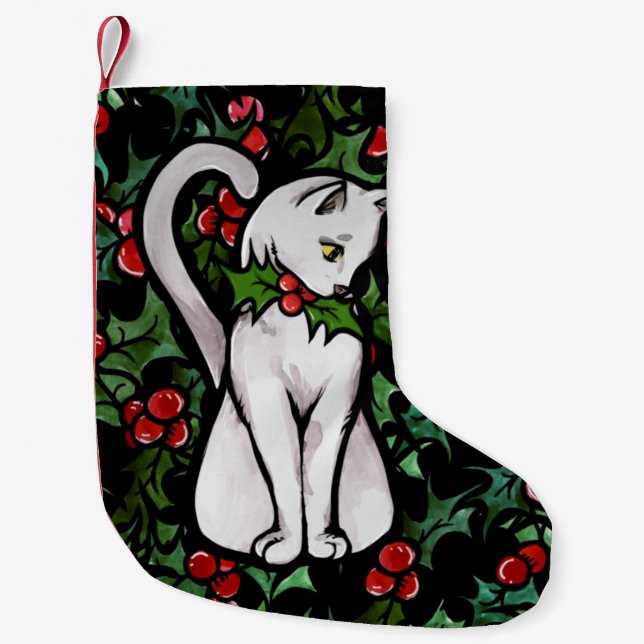 Holiday Christmas Holly White Cat Small Christmas Stocking (Front)