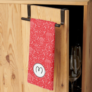 Holiday Christmas Monogram Festive Red White Tea Towel