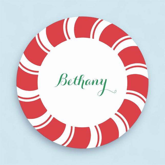 Holiday Christmas Name Tag Badge Large Round 3" (MISOOK Peppermint Holiday Name Tag Round)