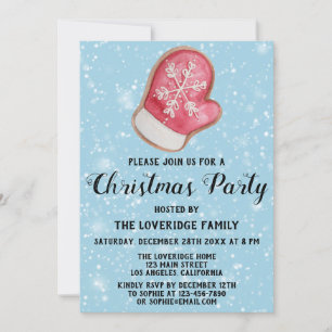 Holiday Christmas Party Red White Mitten Blue Snow Invitation