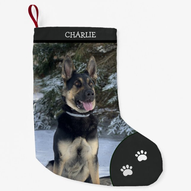 Holiday Christmas Personalised Pet Dog Photo Black Small Christmas Stocking (Front)