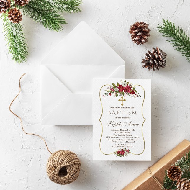 Holiday Christmas Red White Poinsettia Baptism Invitation (Creator Uploaded)