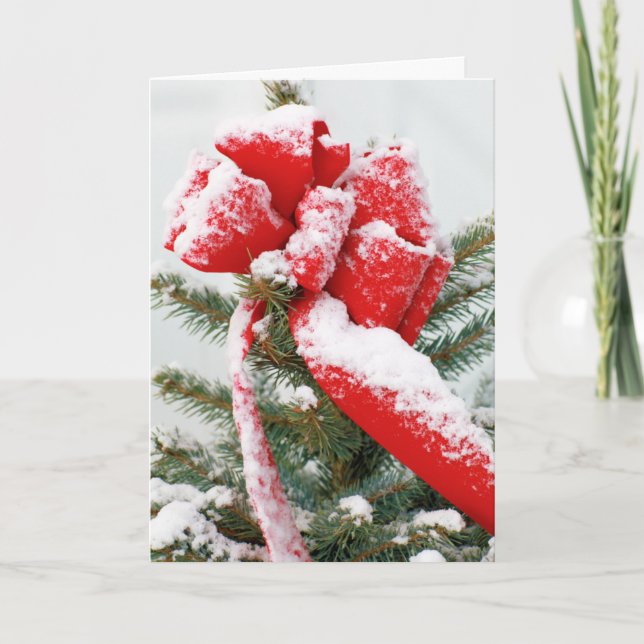 Holiday Christmas Snow Red Bow Spruce Tree Top (Front)