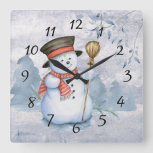 Holiday Christmas Snowman Watercolor Snow  Square Wall Clock
