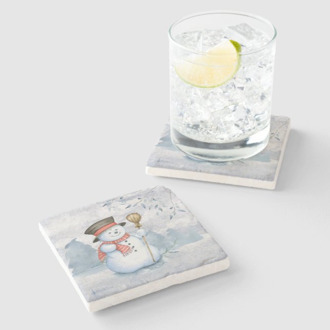 Holiday Christmas Snowman Watercolor Snow Stone Coaster (Side)