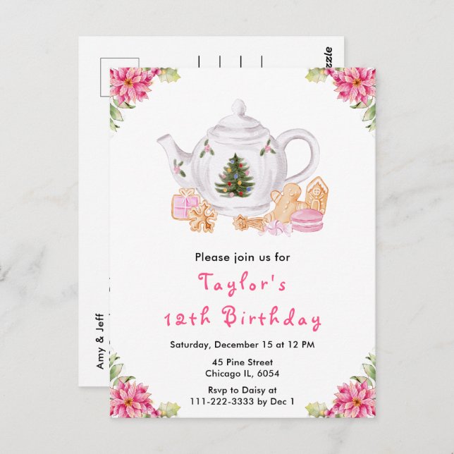 Holiday Christmas Tea Birthday Party Pink Postcard (Front/Back)