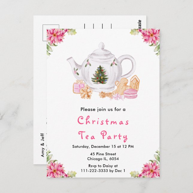 Holiday Christmas Tea Party Pink Postcard (Front/Back)