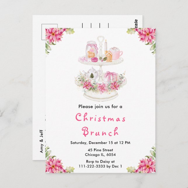 Holiday Christmas Tea Party Pink Postcard (Front/Back)