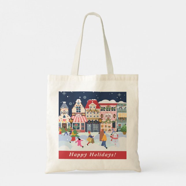 Holiday Christmas Town Whimsy Personalise Tote Bag (Back)