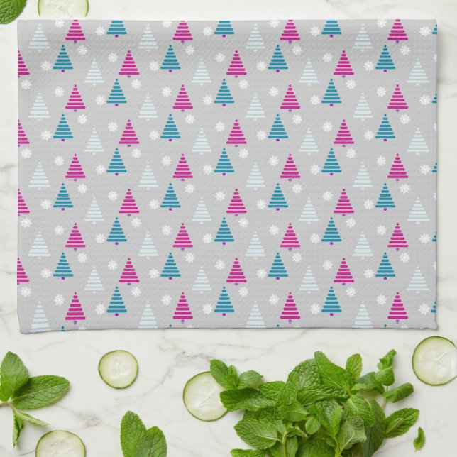 Holiday Christmas tree blue pink simple Tea Towel (Folded)