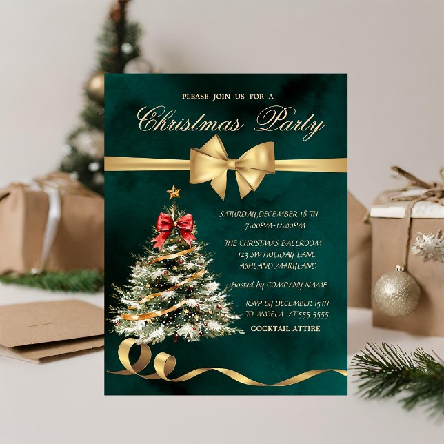 Holiday Christmas Tree Bow,Green Christmas Party Invitation (Creator Uploaded)
