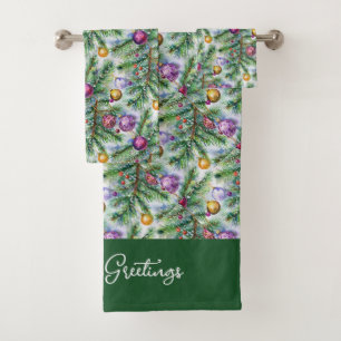 Holiday Christmas Tree Ornaments Bath Towel Set