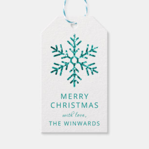Holiday Christmas Turquoise Glitter Snowflake Gift Tags
