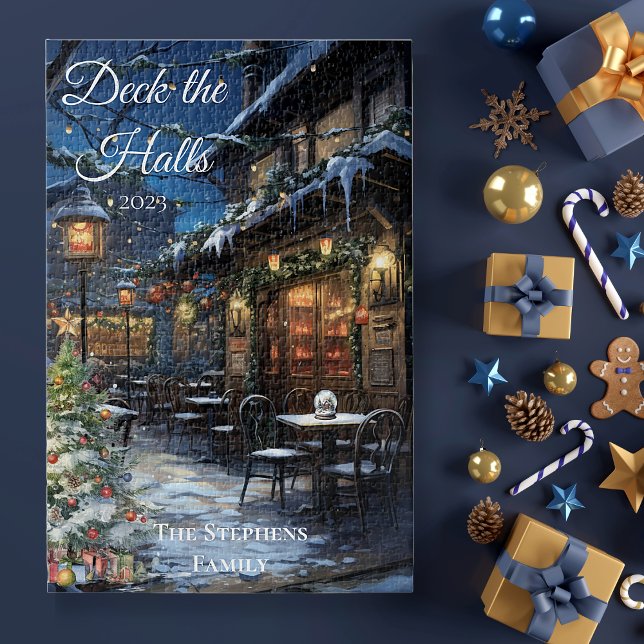 Holiday Christmas Village DIner Deck the Halls Jigsaw Puzzle (Cozy Holiday Snow Christmas Village Restaurant "Deck the Halls" Family Greeting and Year Puzzle)