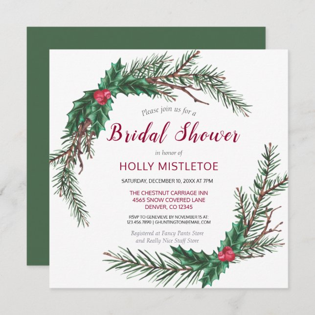 Holiday Christmas Wreath Bridal Shower Invitation (Front/Back)