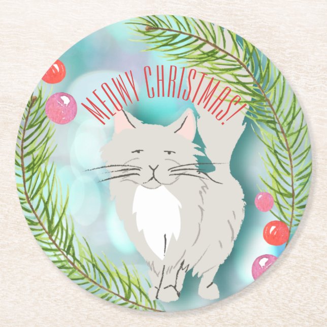 Holiday Cocktail Meowy (merry Christmas) Round Paper Coaster (Front)