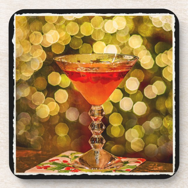 Holiday Cocktail with Lights Plastic/Cork Coaster (Front)