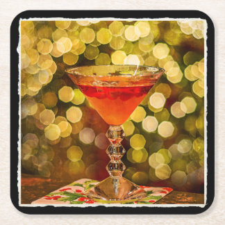 Holiday Cocktail with Lights Square Paper Coaster
