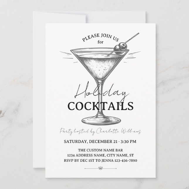Holiday Cocktails Black & White Drinks Christmas Invitation (Front)
