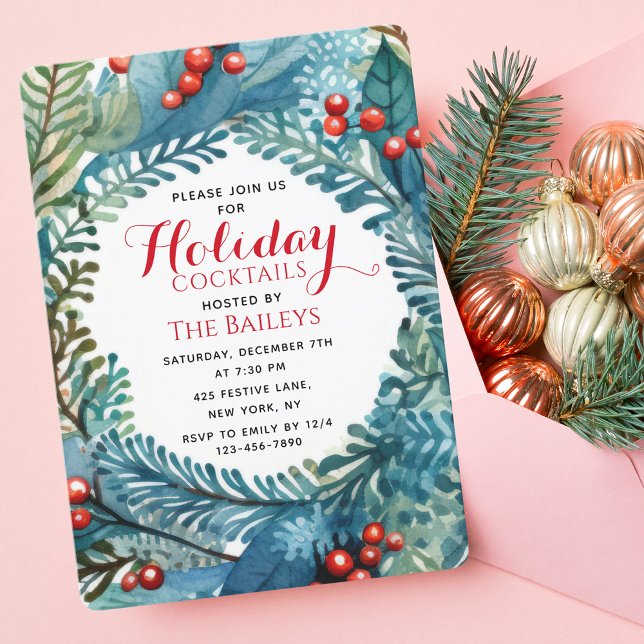 Holiday Cocktails Elegant Christmas Floral Wreath Invitation (Creator Uploaded)