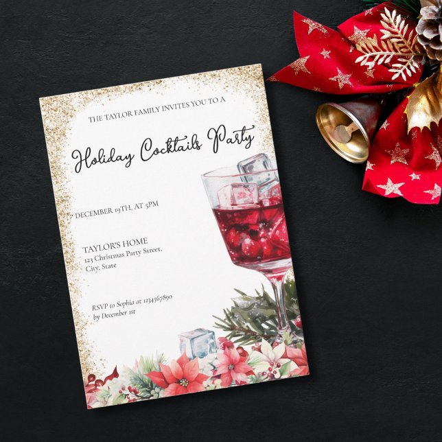 Holiday Cocktails Festive Drinks Christmas Party Invitation (elegant watercolor christmas red cocktail with gold glitter frame party or dinner invitation)