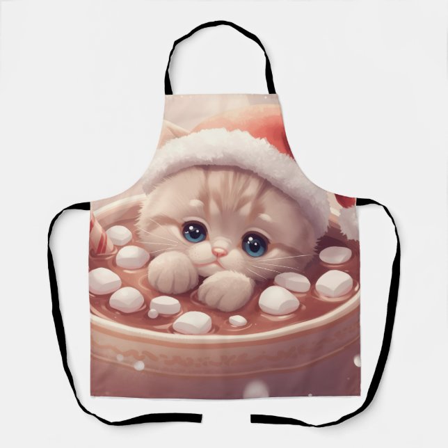 “Holiday Cocoa Kitty Apron" Cute Christmas Cat Apron (Front)