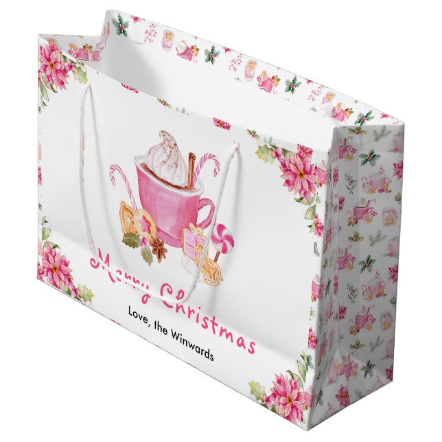 Holiday Cookies and Cocoa Pink Merry Christmas Large Gift Bag (Front Angled)