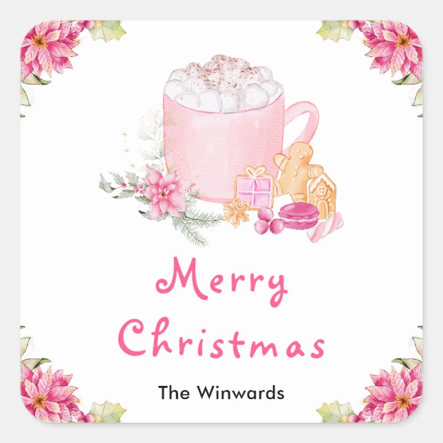 Holiday Cookies and Cocoa Pink Merry Christmas Square Sticker (Front)