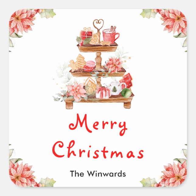 Holiday Cookies and Cocoa Red Merry Christmas Square Sticker (Front)