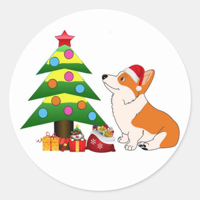 Holiday Corgi Cartoon with Tree Classic Round Sticker (Front)
