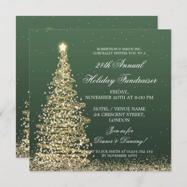 Holiday Corporate Fundraiser Gala Gold Green Invitation (Front/Back)