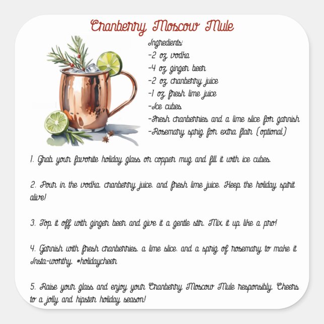 Holiday Cranberry Moscow Mule Cocktail Recipe Square Sticker (Front)