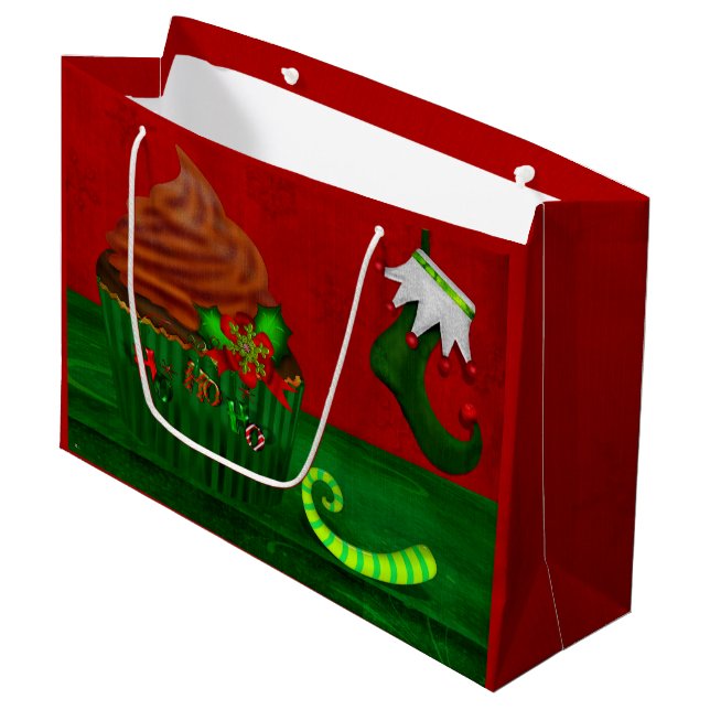 Holiday Cupcake Whimsey WIDE ONLY Large Gift Bag (Front Angled)