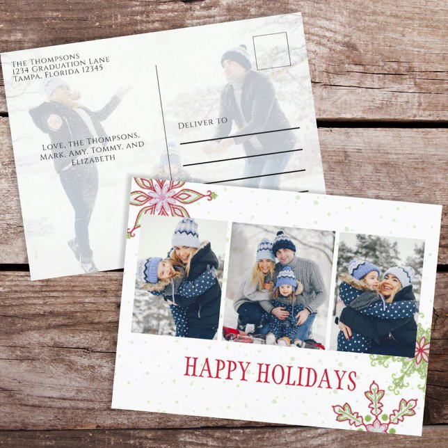 Holiday Cute Snowflake Whimsical Colorful 4 Photo (Christmas whimsical cute colorful snowflakes multi photo postcard. )