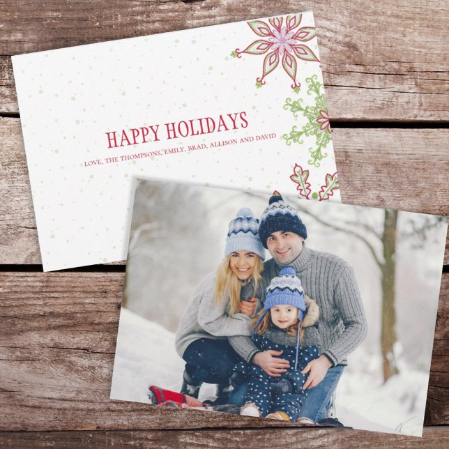 Holiday Cute Snowflake Whimsical Colourful 1 Photo Card (Happy Holidays Christmas photo card with whimsical colorful snowflake design. )