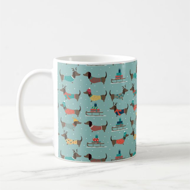 Holiday Dachshunds with Gifts and Sleds Pattern Coffee Mug (Left)