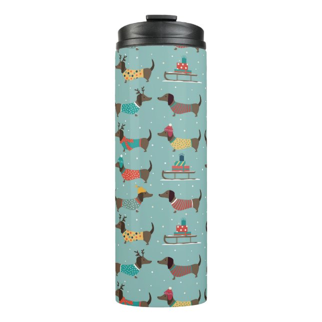Holiday Dachshunds with Gifts and Sleds Pattern Thermal Tumbler (Front)