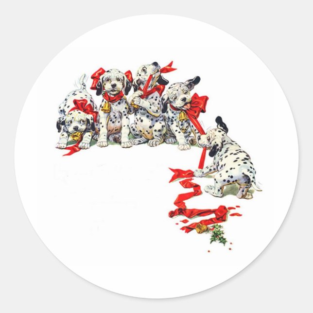 Holiday Dalmatian Pups Classic Round Sticker (Front)