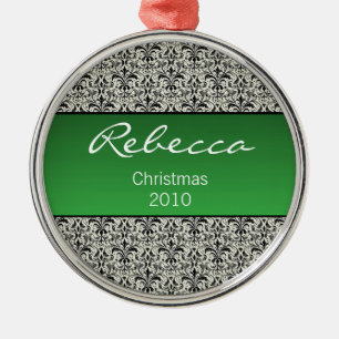 Holiday Damask Premium Round Ornament, Green Metal Tree Decoration