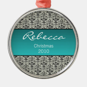 Holiday Damask Premium Round Ornament, Turquoise Metal Tree Decoration